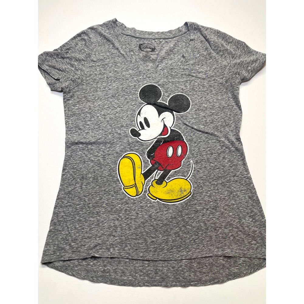 Disney Mickey Mouse V-Neck Graphic Tee Heather Gray Medium Short Sleeve 0379